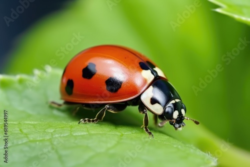 Ladybug with black dots macro. ladybug on leaf