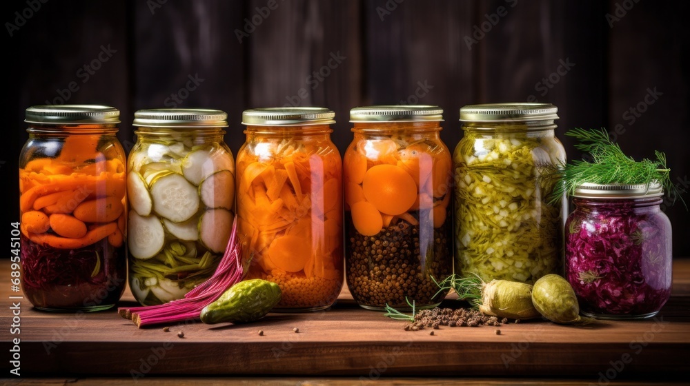 Assorted pickled vegetables in jars on wooden surface. Home canning and food preservation. Assorted pickled vegetables in jars on wooden surface. Home canning and food preservation.