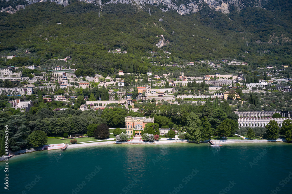 Coastline of the resort town of Gargnano Lake Garda Italy. The city is located on the shores of Lake Garda.