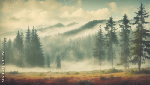 Panoramic view of forest with morning fog © Usman81