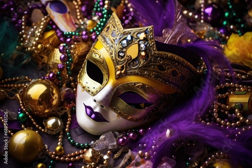 Mardi Gras celebration with traditional mask and colorful beads. Festive event and culture.