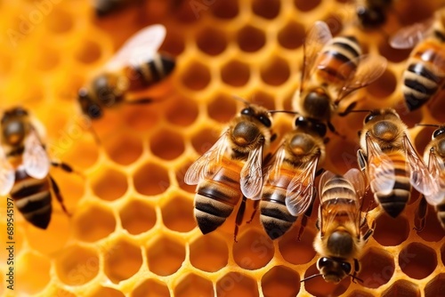 Macro working bees on honeycombs. Bees producing honey.