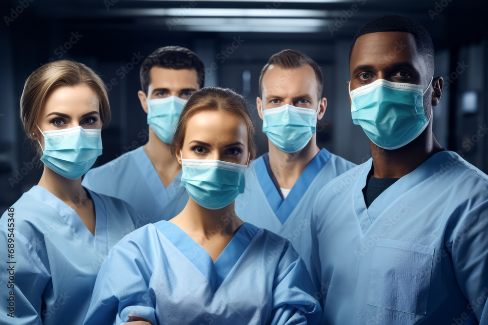 multiethnic surgeons team. Doctors wearing protective uniform after operation, looking at camera multiethnic surgeons team. Doctors wearing protective uniform after operation, looking at camera