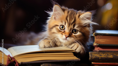 Kitten resting on a stack of books.