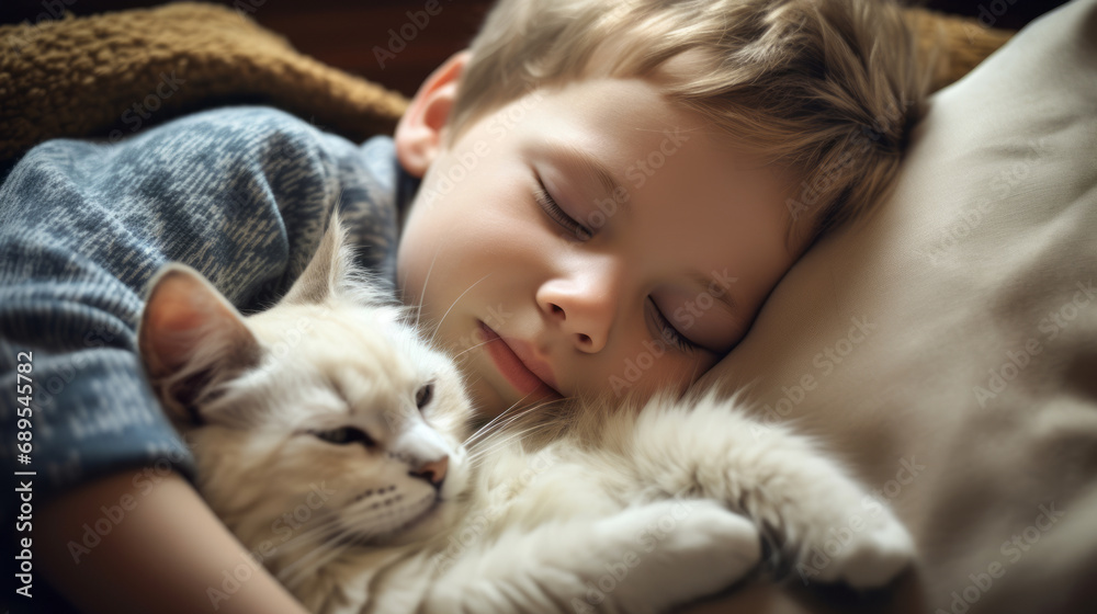 Little boy is sleeping with his lovely cat, close up view