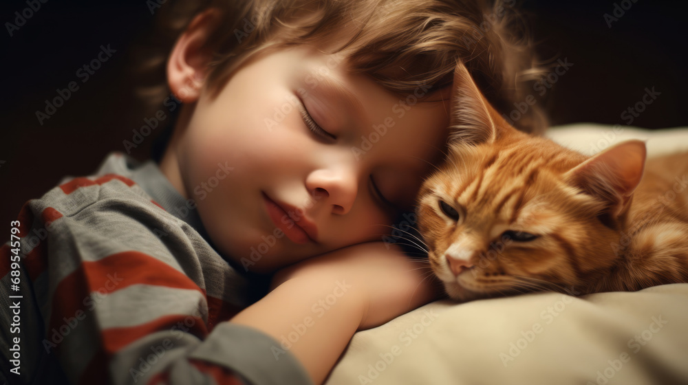Little boy is sleeping with his lovely cat, close up view Little boy is sleeping with his lovely cat, close up view