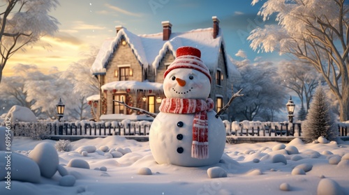 Winter landscape with snowman and cozy family house, AI photo