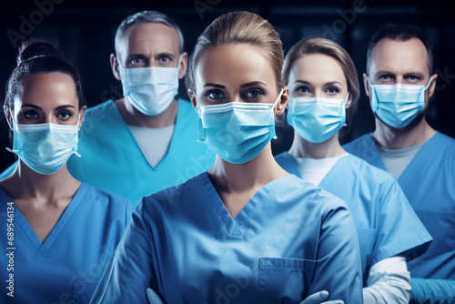 Surgeons Team. Doctors wearing protective uniform after operation, looking at camera