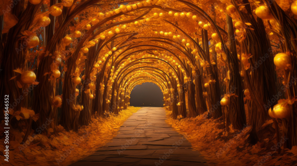 Luminous arch tunnel alley in golden colored mythical trees