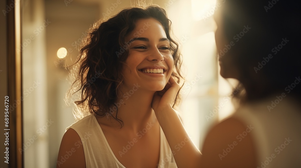 A woman who smiles looking at her face in the mirror. - obrazy, fototapety, plakaty 