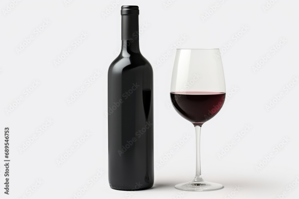 Red wine bottle mockup on white background with wine glass. Wine bottle with blank label Red wine bottle mockup on white background with wine glass. Wine bottle with blank label