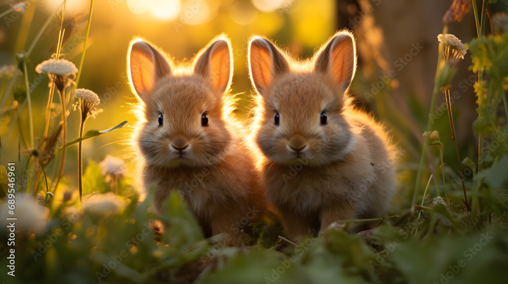 A family of rabbits, with a sea of green grass as the background, during their playtime in the warm afternoon A family of rabbits, with a sea of green grass as the background, during their playtime in the warm afternoon