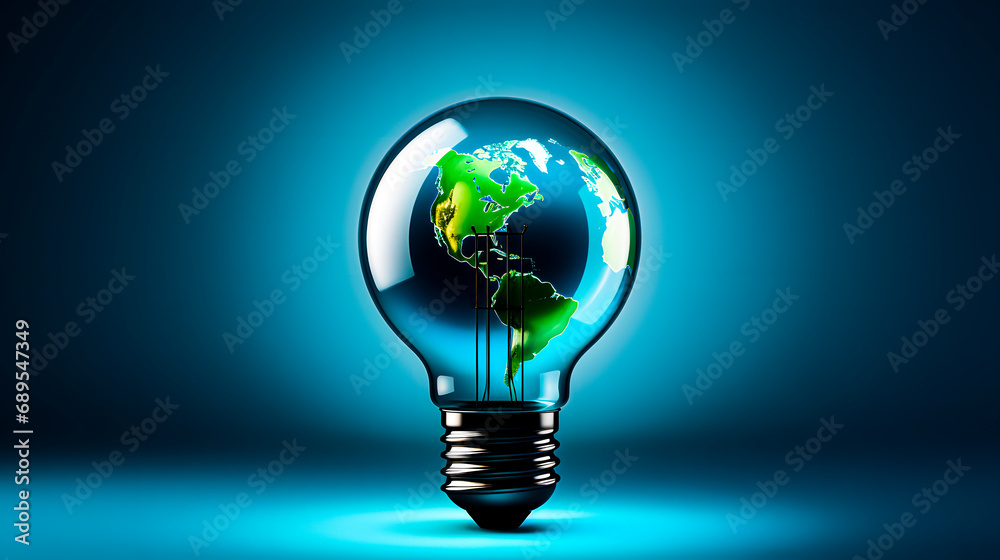 A light bulb showing the map of the world, on a blue background. Space for text. A light bulb showing the map of the world, on a blue background. Space for text.