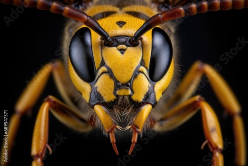 Macro portrait wasp on black background. Close up of honey bee on dark background © Оксана Олейник