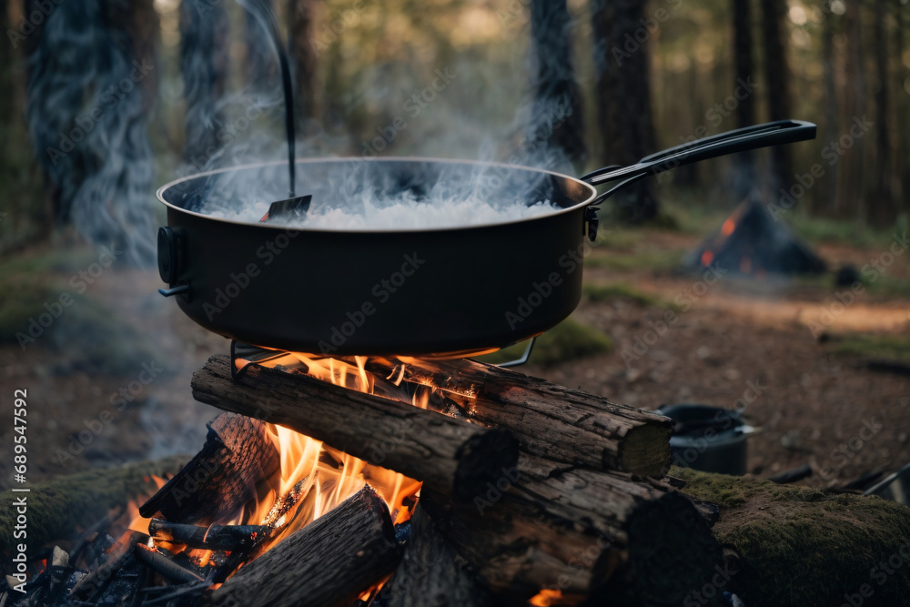 a pot of water boiling over a fire and a flame. Preparing food on campfire in wild camping a pot of water boiling over a fire and a flame. Preparing food on campfire in wild camping