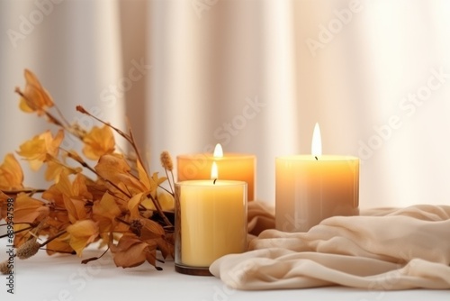 Candles on a covered table mockup. Romantic dinner table. Romantic and cozy evening atmosphere