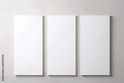 Three empty white vertical rectangle poster mockups. Flat lay, top view. Three Blank White Rectangle Picture Frames on a Wall photo