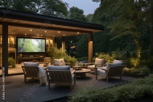 Modern House Outdoors At Night, living room with a view, modern living room, Modern patio furniture includes a pergola shade structure, an awning, a patio roof, a dining table, seats, and a metal gril