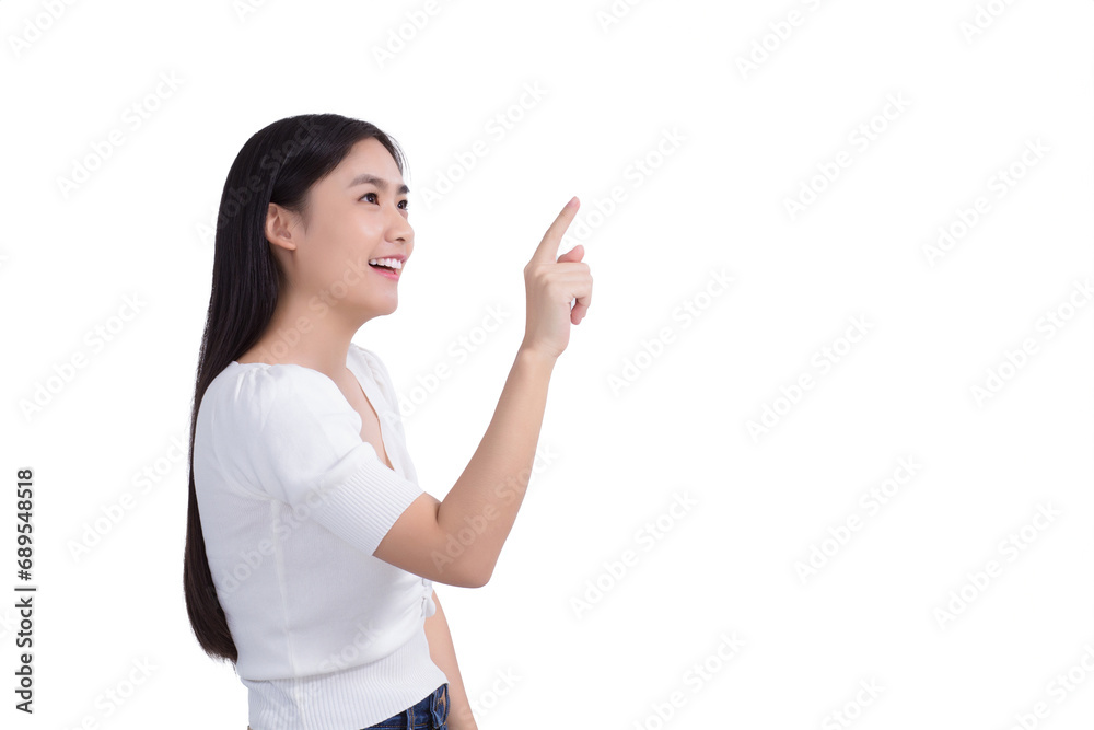 Young Asian woman with black long hair wears white shirt and point her hand to present something while isolated on white background. Young Asian woman with black long hair wears white shirt and point her hand to present something while isolated on white background.