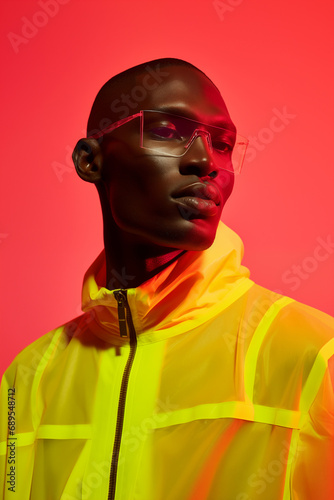 poc male model wearing fluro yellow editorial fashion shoot on plain neon red studio background