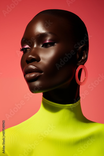 poc woman model wearing fluro yellow editorial fashion shoot on plain neon pink studio background