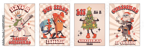 Funny Retro cartoon christmas Character in groovy 50s, 60s, 70s Vintage Style. Happy new year mascot with snowman, gifts, gingerbread, Santa, Deer. Lettering cards posters.