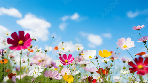 Macro of colorful flower meadow in spring under blue sky