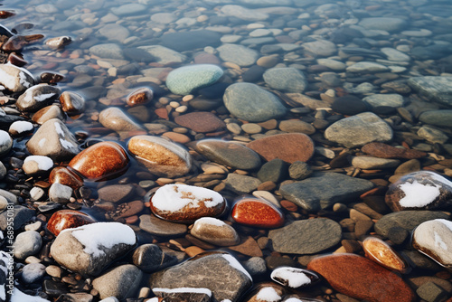 pebbles on the beach, stones in water, stones on the beach, Pepples on rhine riverbank, collection of happy boulders and rocks resting in crystal-clear fresh water, creating a tranquil and picturesqu
 photo