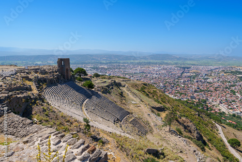 View point Amphitheater theater in Acropolis of Pergamon or Pergamum is Ancient Greek City, Museum archeology outdoor, Landmark of Tourism Turkiye, Bergama, Izmir, Turkey. World Heritage of unesco.