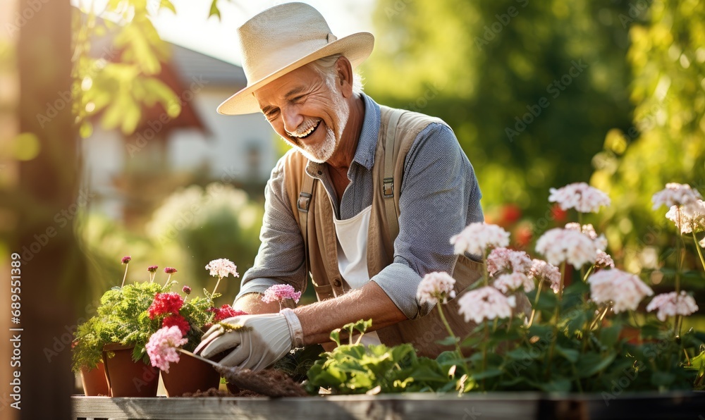 A man in a hat and overalls working in a garden
