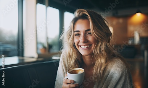 A woman sitting at a table with a cup of coffee photo
