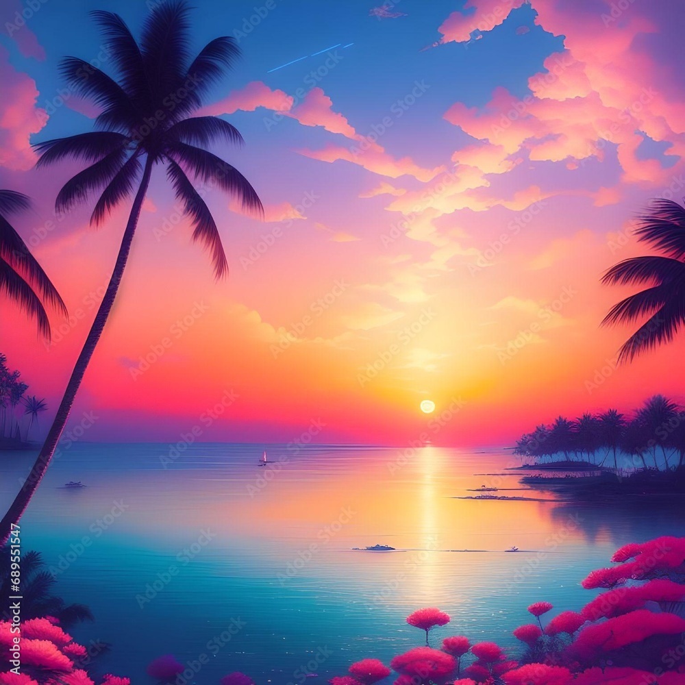 Beautiful Beach Landscape with Palm Trees and Flowers during Sunset Illustration