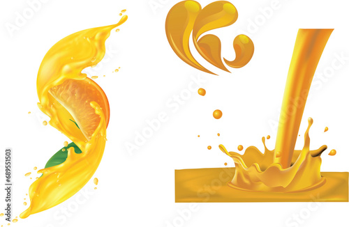 Mango splashes orange color vibrant twist splash Splash of delicious mango juice on white background
