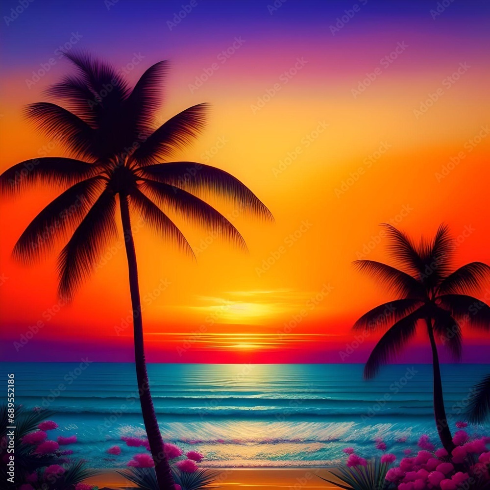 Picturesque Beach Landscape with Palm Trees and Flowers during Sunset Illustration