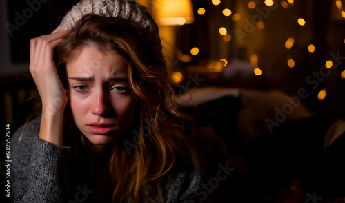 Upset woman with a hangover post-party, festive lights in background.  © henjon