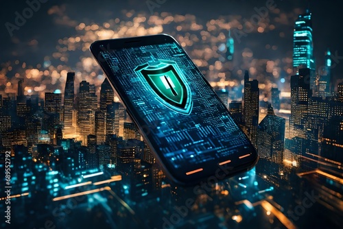 A digital shield on a smartphone screen against the vibrant city night, illustrating the protection against cyber threats in the digital realm.