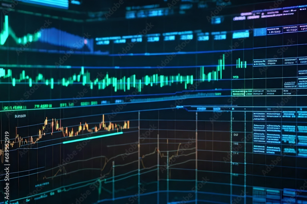 A futuristic holographic display showing interactive financial data visualization.