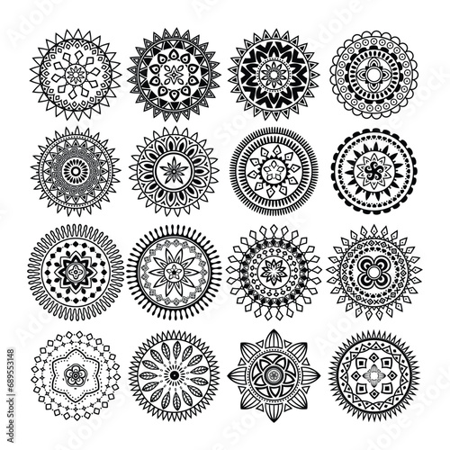 Set of hand drawing zentangle mandalas.Hand drawn mandala with moon, yin yang, om symbol in vector. Perfect set for surface of design, textiles, posters, tattoos in Indian yoga style