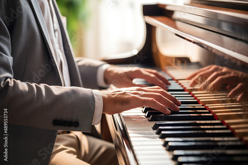 Close-up of male hands playing the piano. Focus on hands