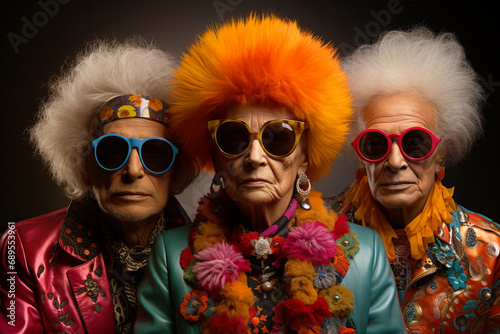 Senior group, colorful hippie clothes, sunglasses, lifestyle and friendship, woman and man © Berit Kessler