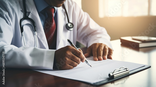 Close-up of male doctor filling up medical form while sitting at his working place. Healthcare and medical concept