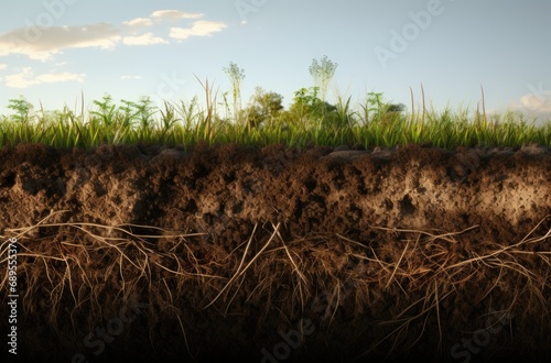Grass earth and roots. Green grass with earth crosscut