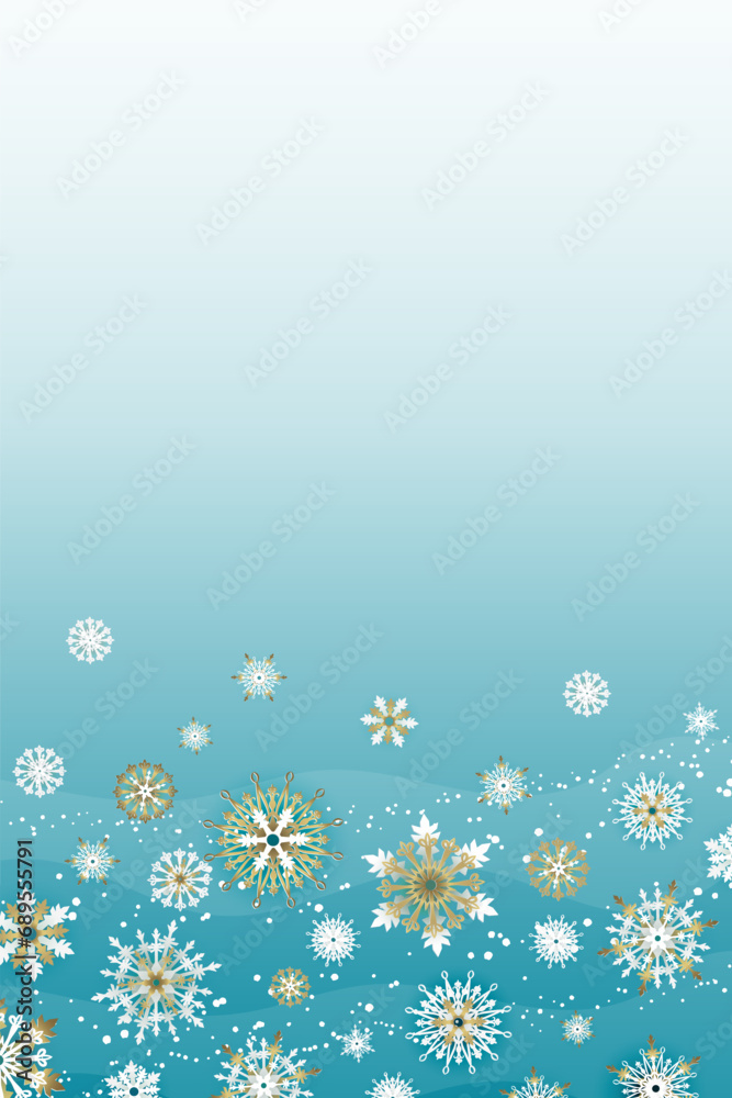 Vertical Christmas background with space for text. Falling golden snowflakes on blue background. 