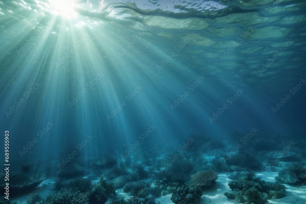 Underwater Sea - Deep Water Abyss With Blue Sun light Underwater Sea - Deep Water Abyss With Blue Sun light