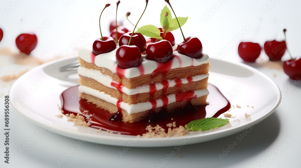 A piece of cake with cherries and mint on a white plate A piece of cake with cherries and mint on a white plate