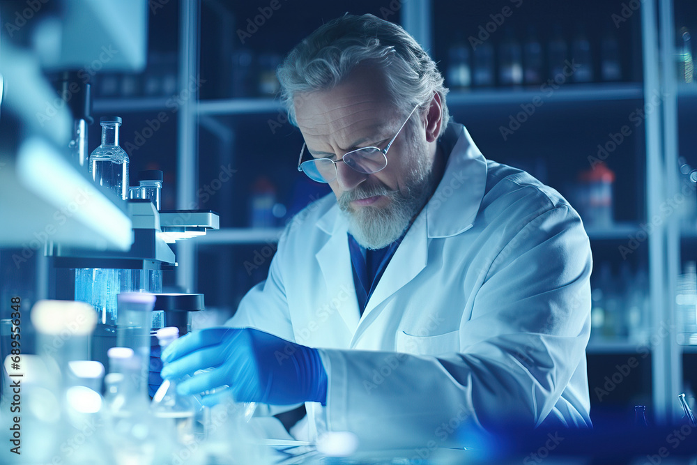 Serious scientist working with microscope in laboratory. Confident mature man in white coat and blue gloves looking at camera while doing research in scientific research laboratory Serious scientist working with microscope in laboratory. Confident mature man in white coat and blue gloves looking at camera while doing research in scientific research laboratory