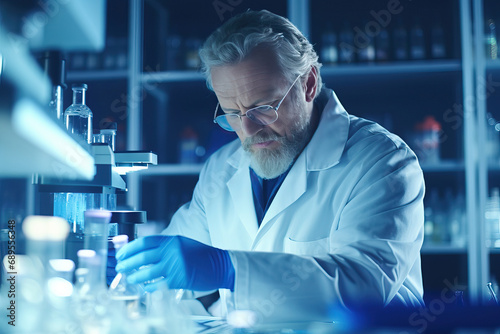 Serious scientist working with microscope in laboratory. Confident mature man in white coat and blue gloves looking at camera while doing research in scientific research laboratory