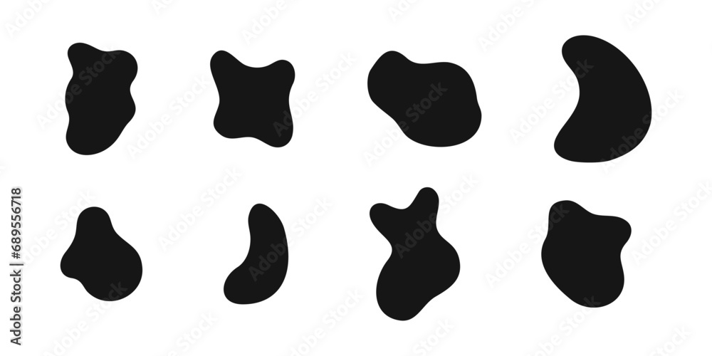 Set of irregular shapes, organic blobs, liquid ink spots, distorted bubbles textures isolated on white background. Trendy asymmetric figures. Vector graphic elements illustration Set of irregular shapes, organic blobs, liquid ink spots, distorted bubbles textures isolated on white background. Trendy asymmetric figures. Vector graphic elements illustration