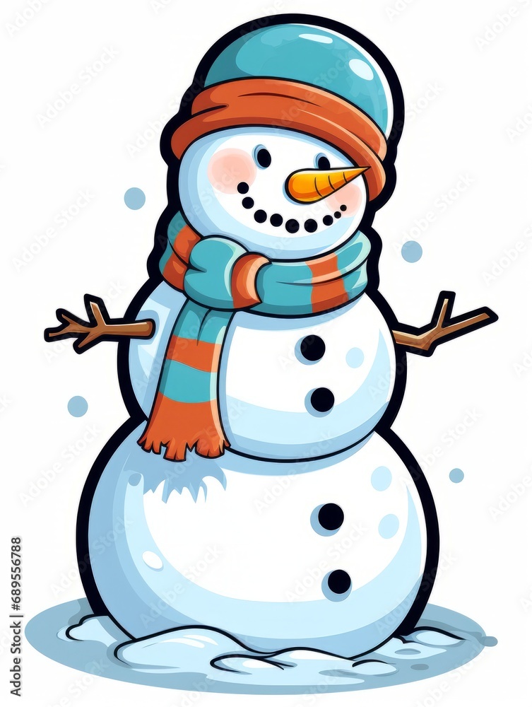 Snowman sticker with a scarf and hat on his head. The expression of a smile, AI