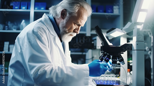 Serious scientist working with microscope in laboratory. Confident mature man in white coat and blue gloves looking at camera while doing research in scientific research laboratory